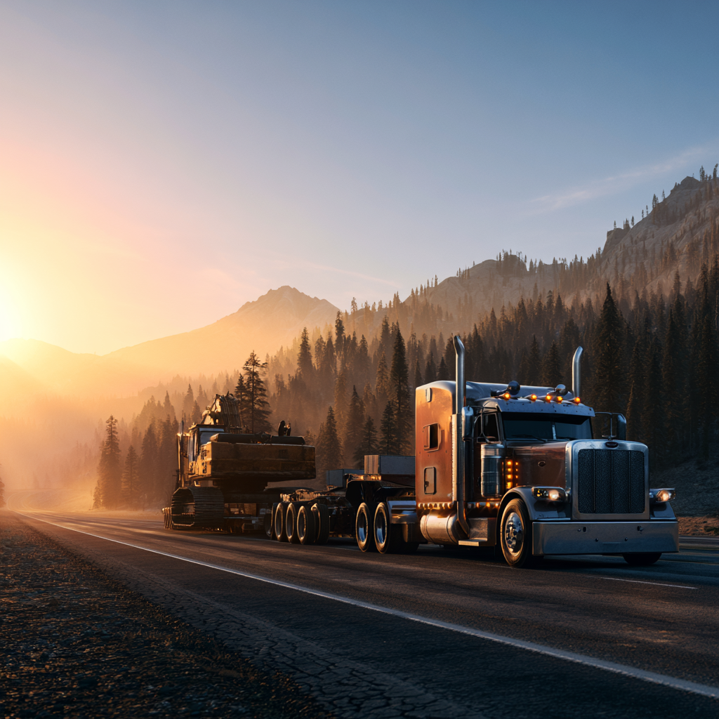 Heavy haul flatbed truck carrying construction equipment through Montana mountain road at sunrise
